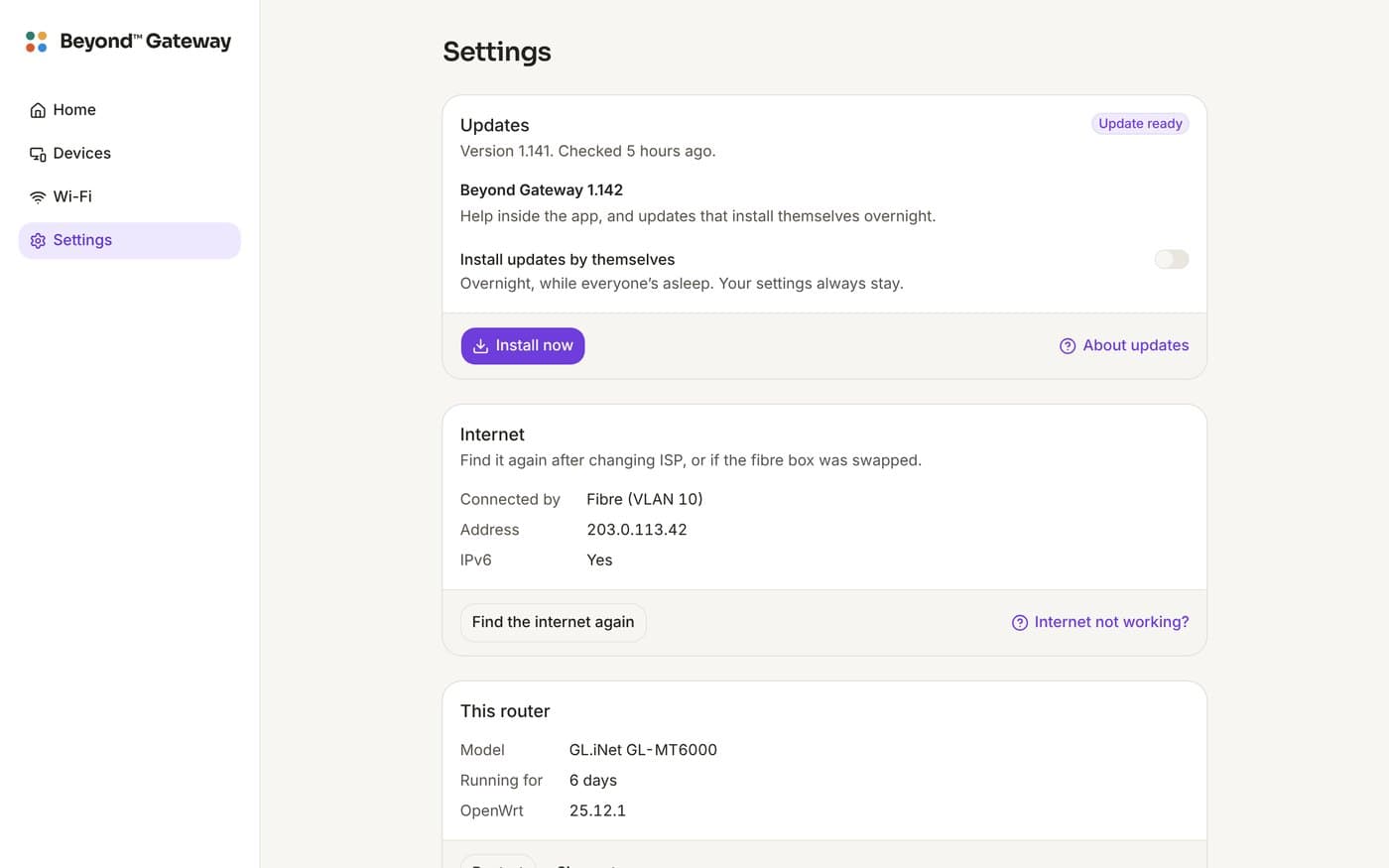 Settings: Update ready, with Install now and a switch to install updates by themselves